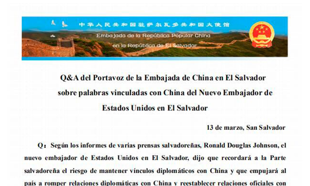 China califica de irrespeto e injerencia actitud de EEUU en El Salvador 